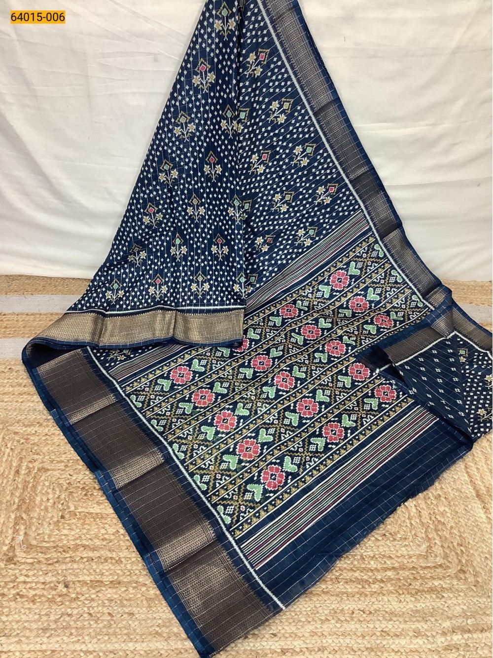 Navy Blue Fancy Dola Printed Silk Checks Saree