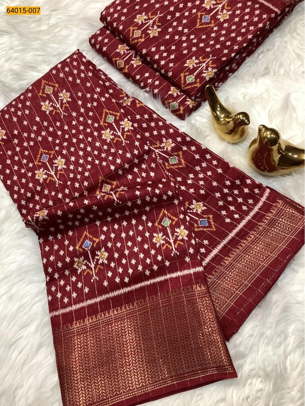 Red Fancy Dola Printed Silk Checks Saree