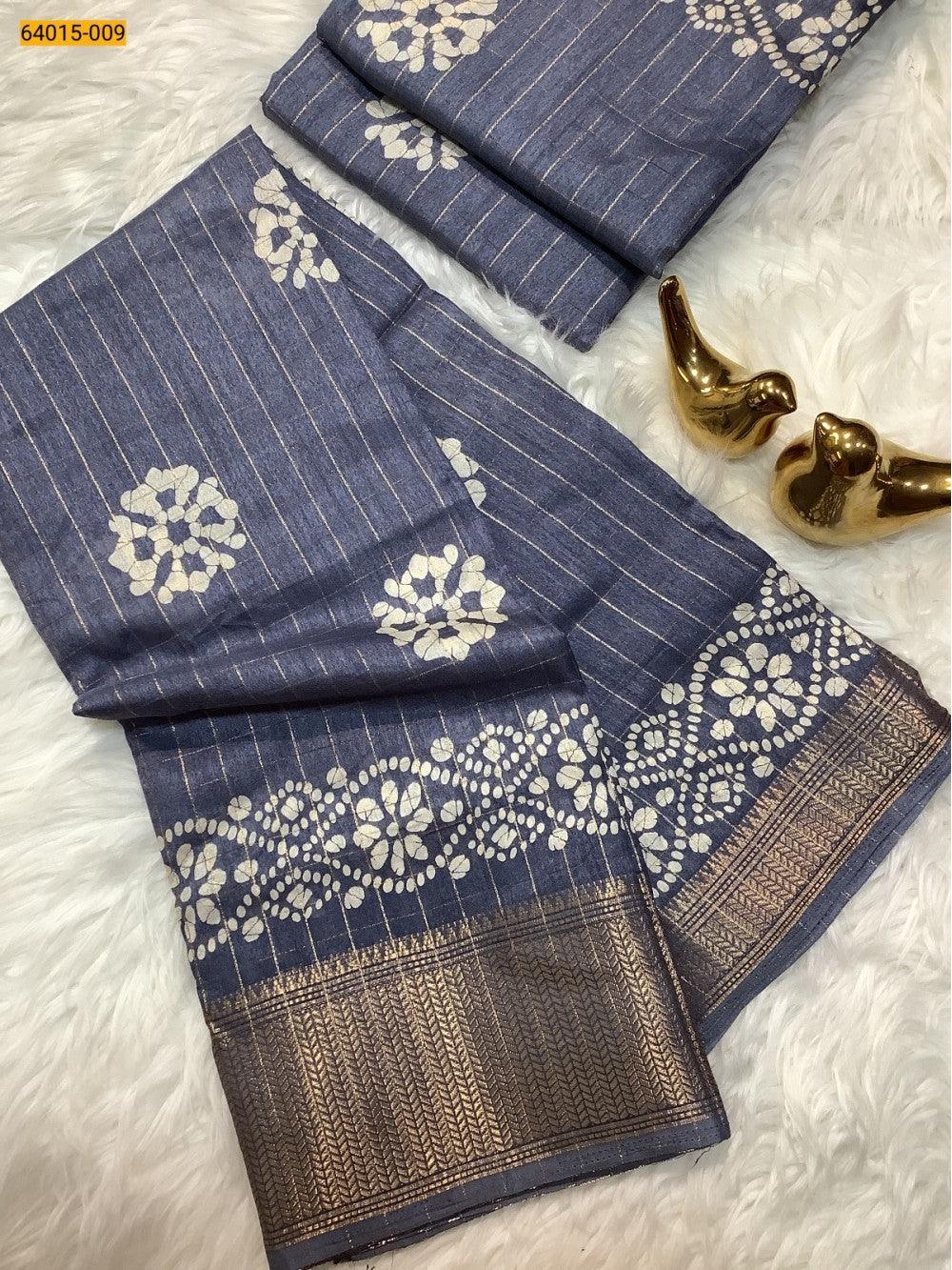 Gray Fancy Dola Printed Silk Checks Saree