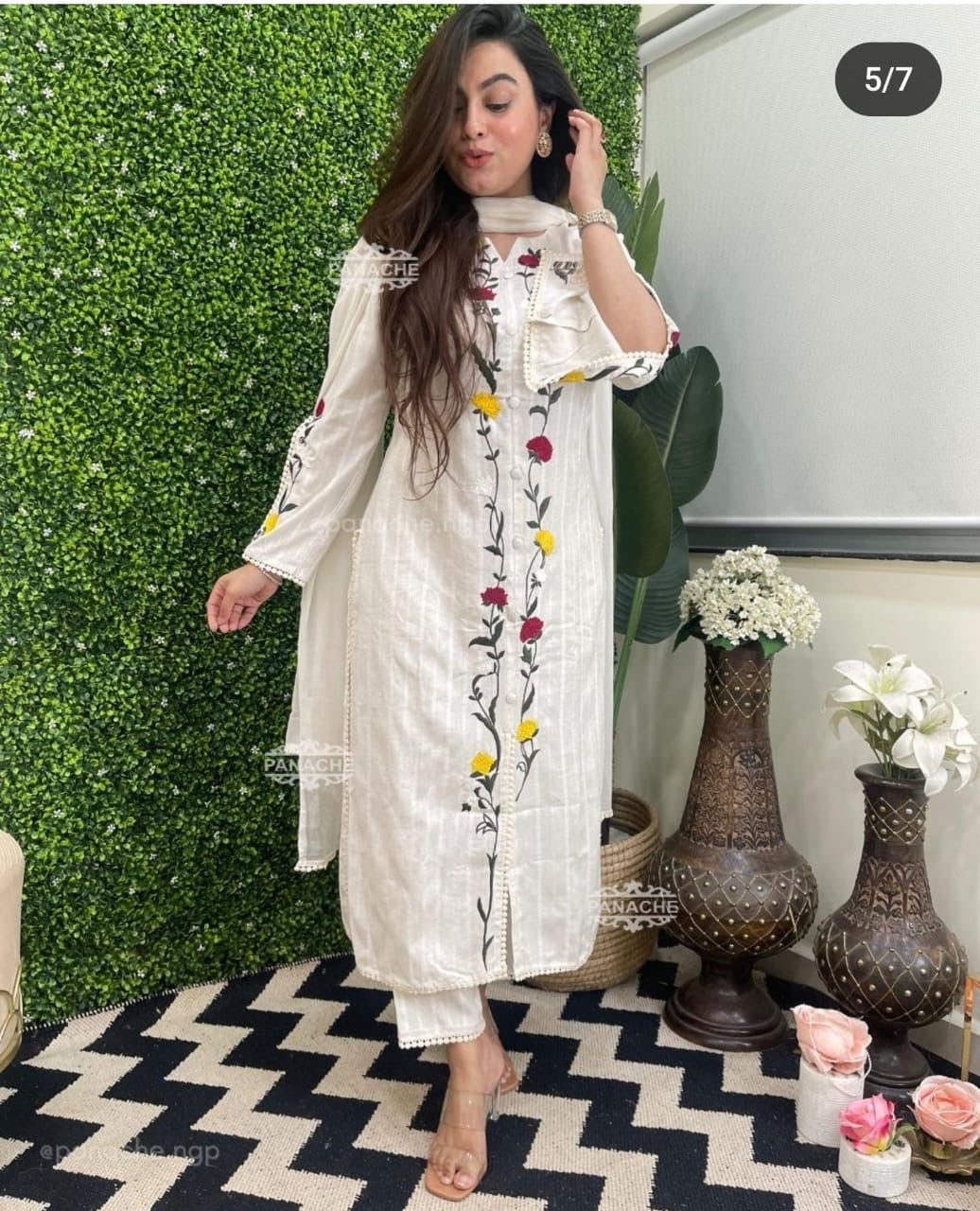 Pure Fine KATHA COTTON Fabric Straight Kurti With Pant & Dupatta