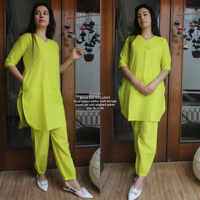 Premium Katha Cotton Apple Cut Kurti with side pocket & Afgani Pant