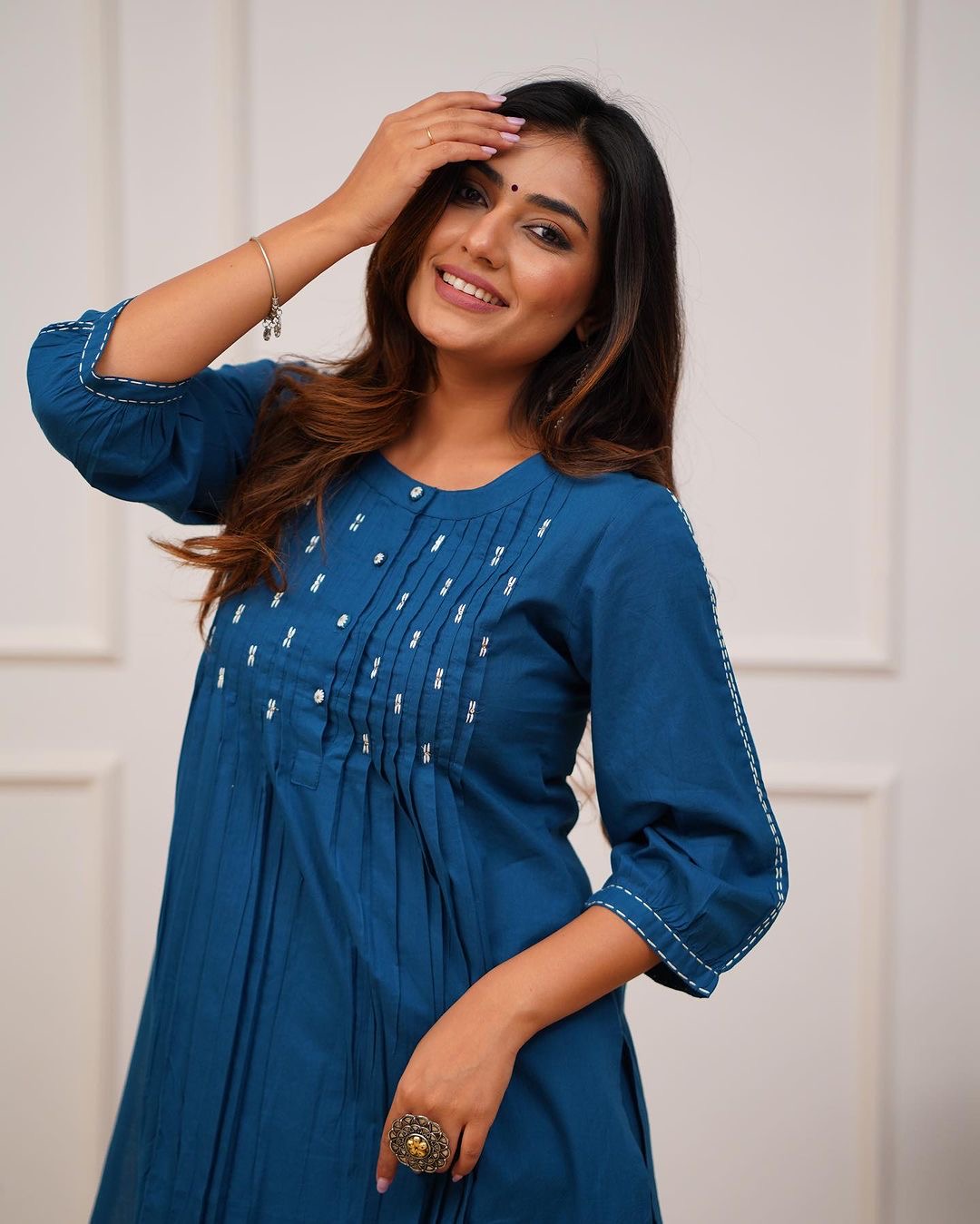 Teal Blue Kurti Pant with Beautiful Buttons