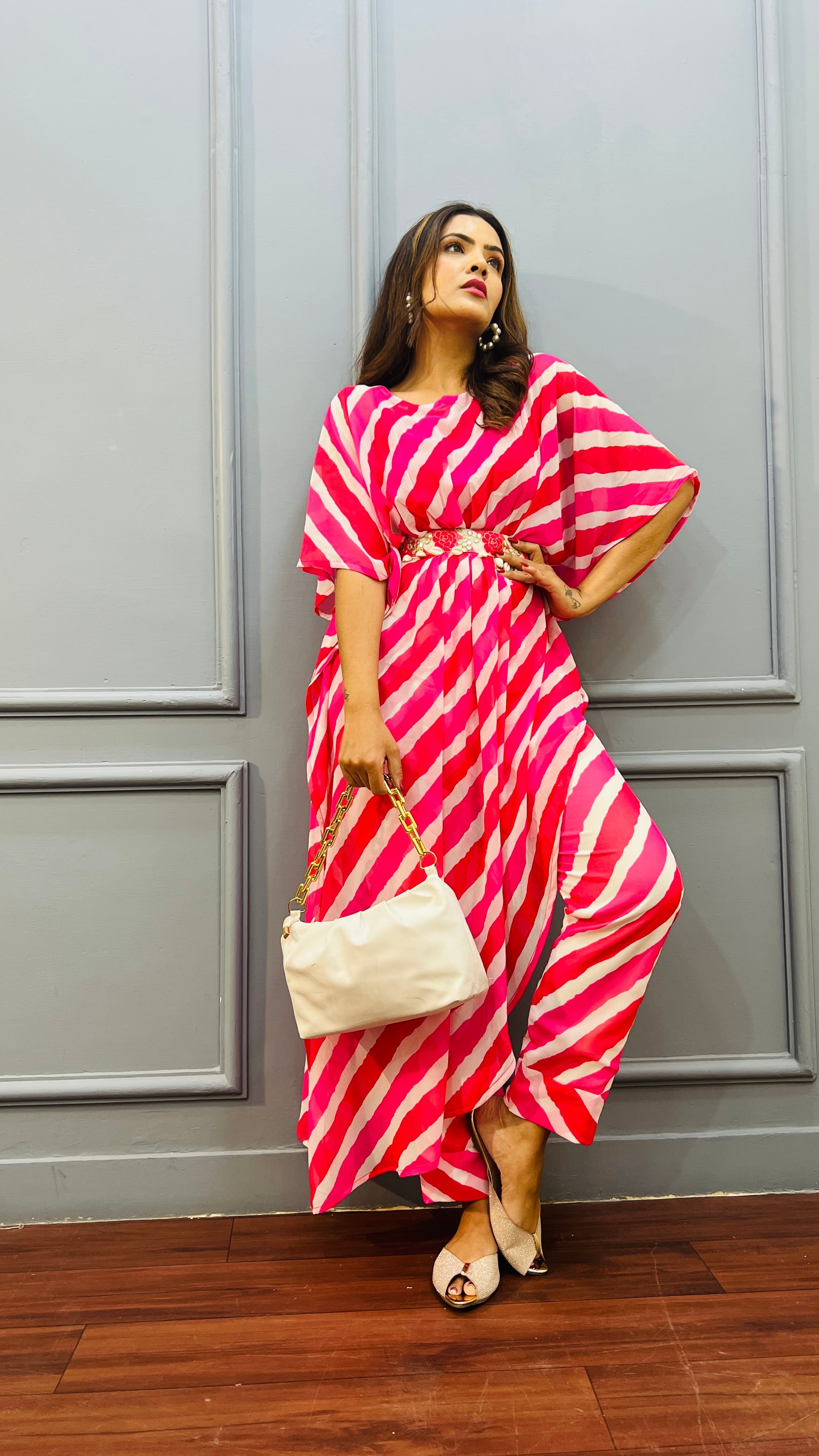 Leheriya Kaftan Co-Ord Set in Hot Pink with Belt - Available in Sizes S-3XL