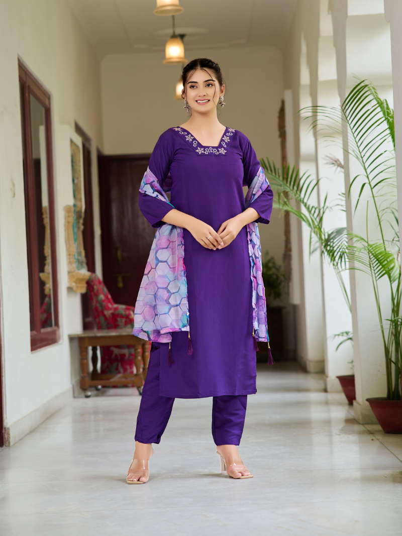 Purple Rayon Kurti Pant Set with Printed Tabi Silk Dupatta