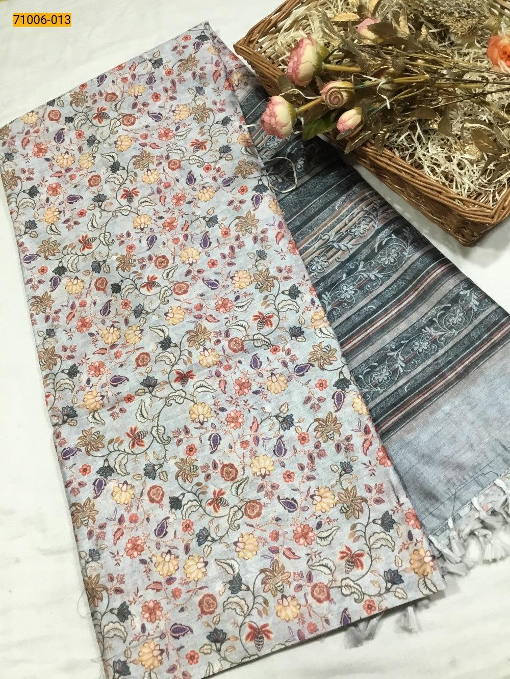 Gray Kalamkari Soft Linen Silk Saree