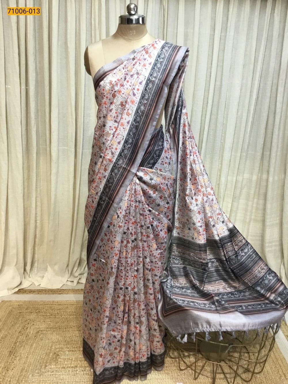 Gray Kalamkari Soft Linen Silk Saree