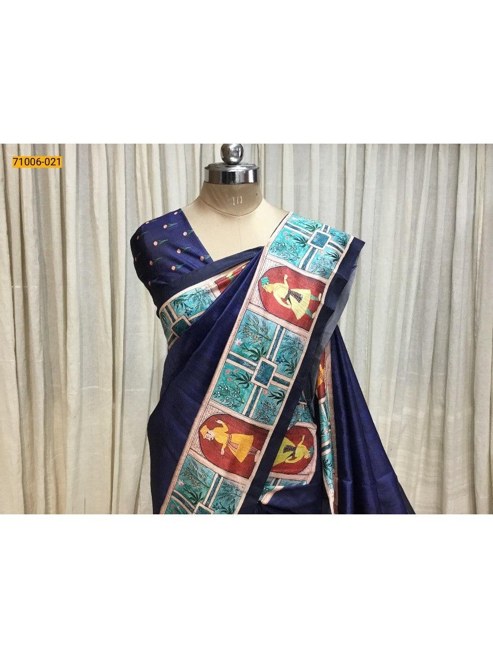 Blue  Kalamkari Soft Linen Silk Saree