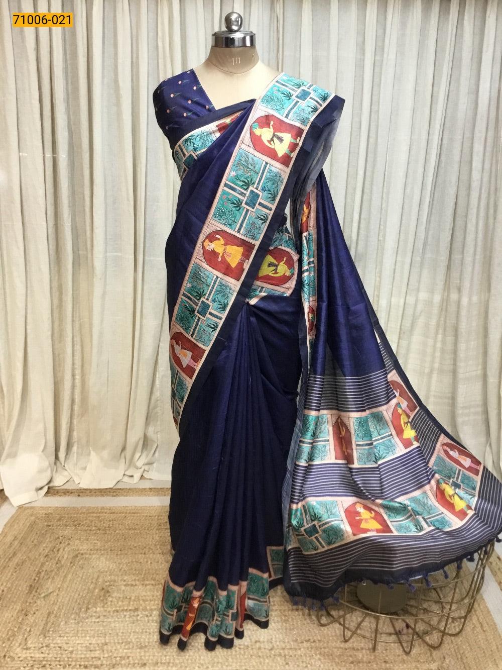 Blue  Kalamkari Soft Linen Silk Saree