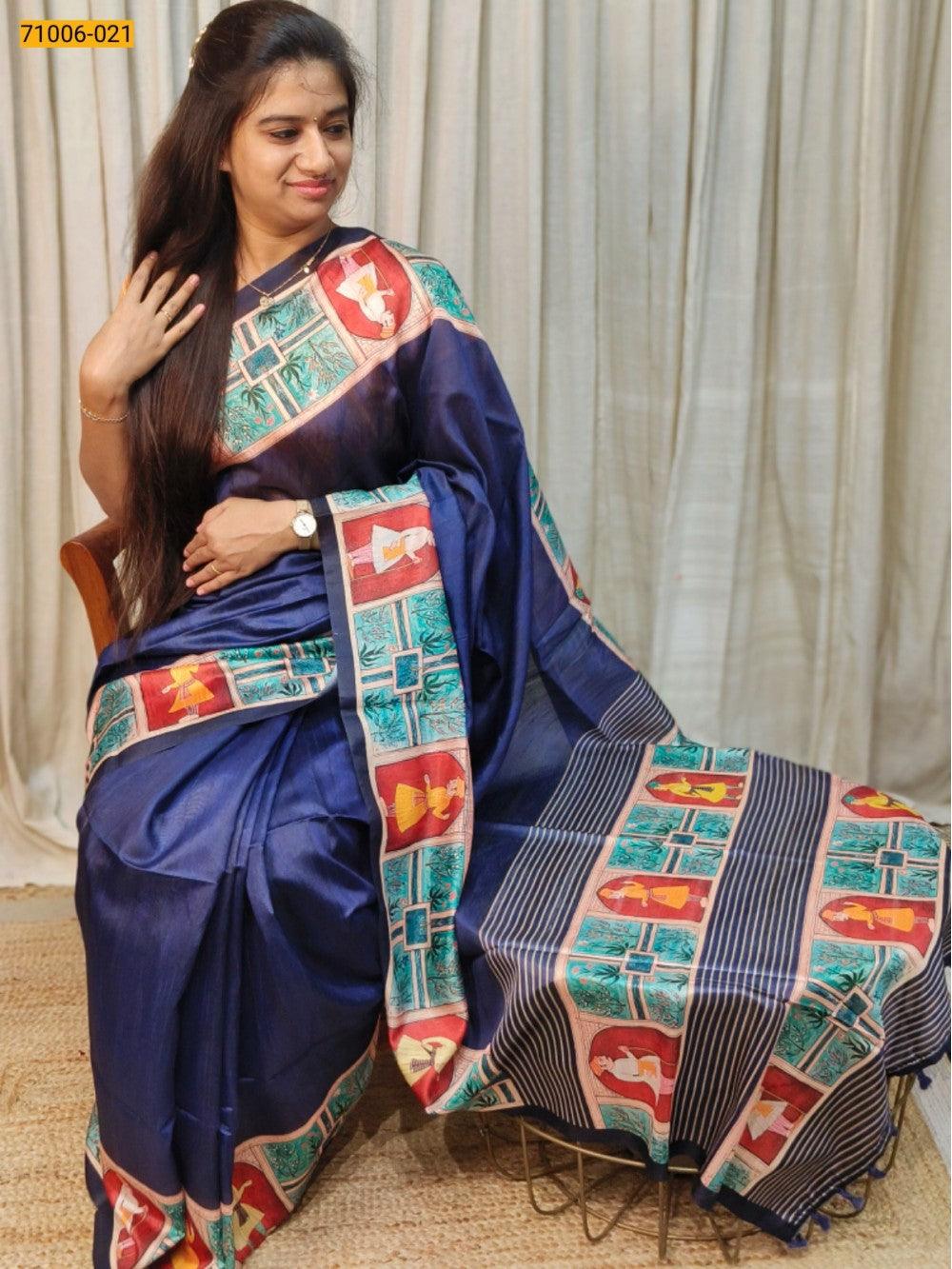 Blue  Kalamkari Soft Linen Silk Saree