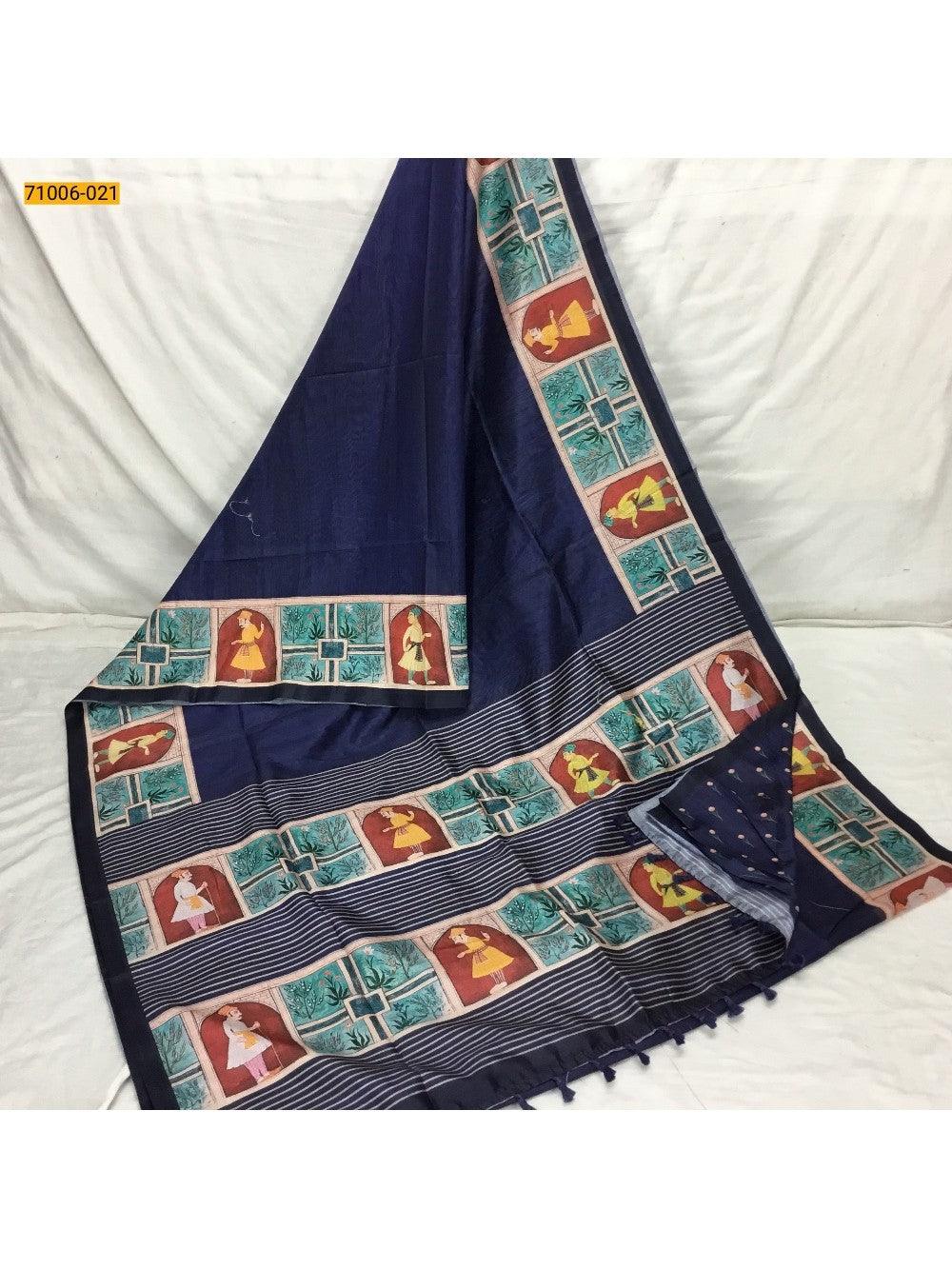 Blue  Kalamkari Soft Linen Silk Saree