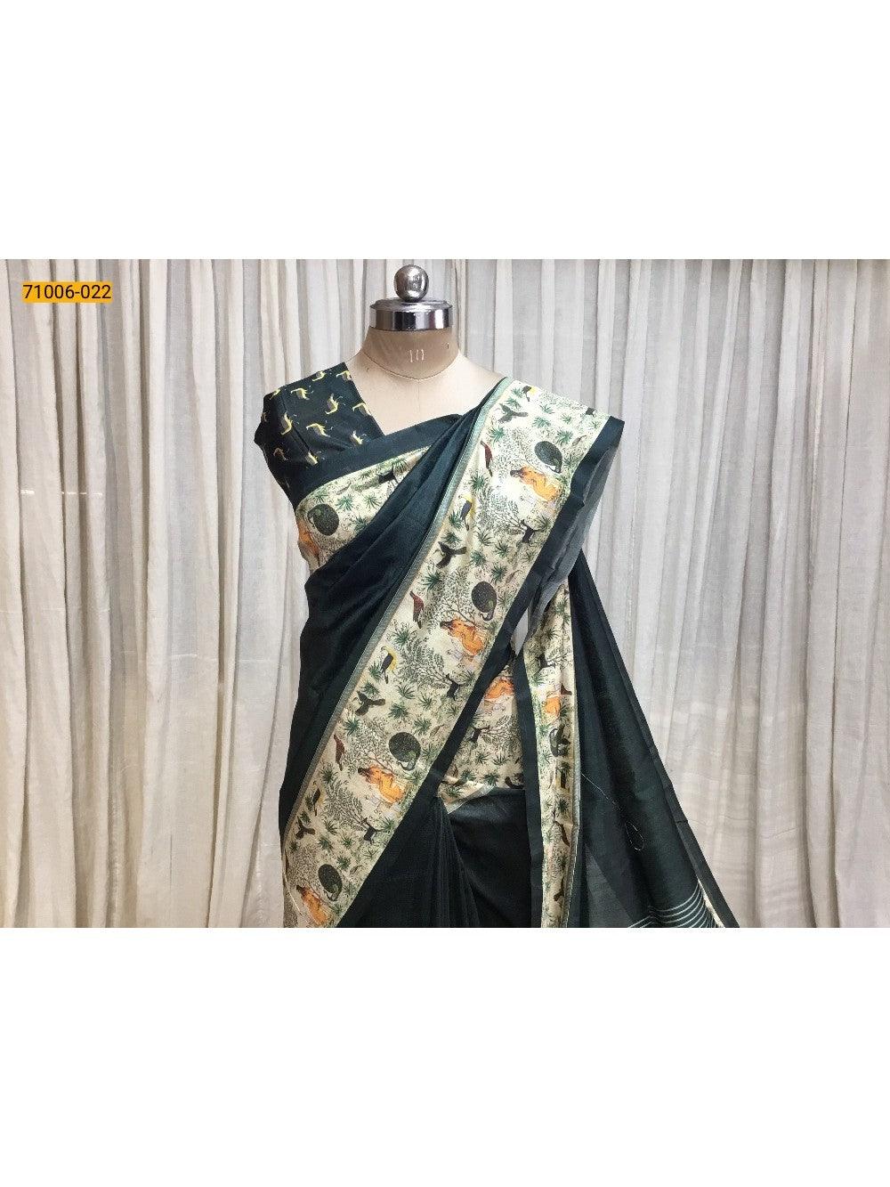 Green Kalamkari Soft Linen Silk Saree