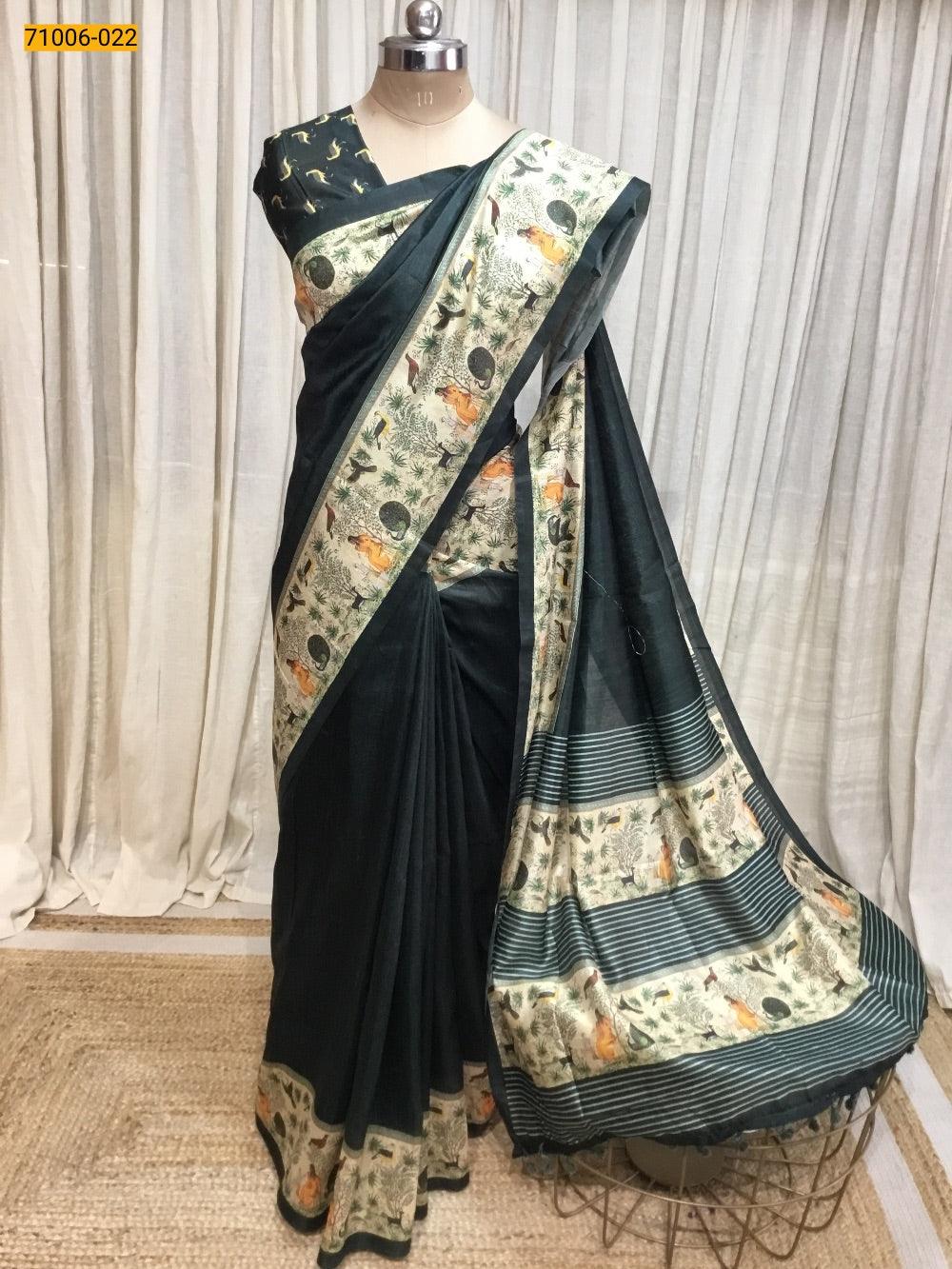 Green Kalamkari Soft Linen Silk Saree