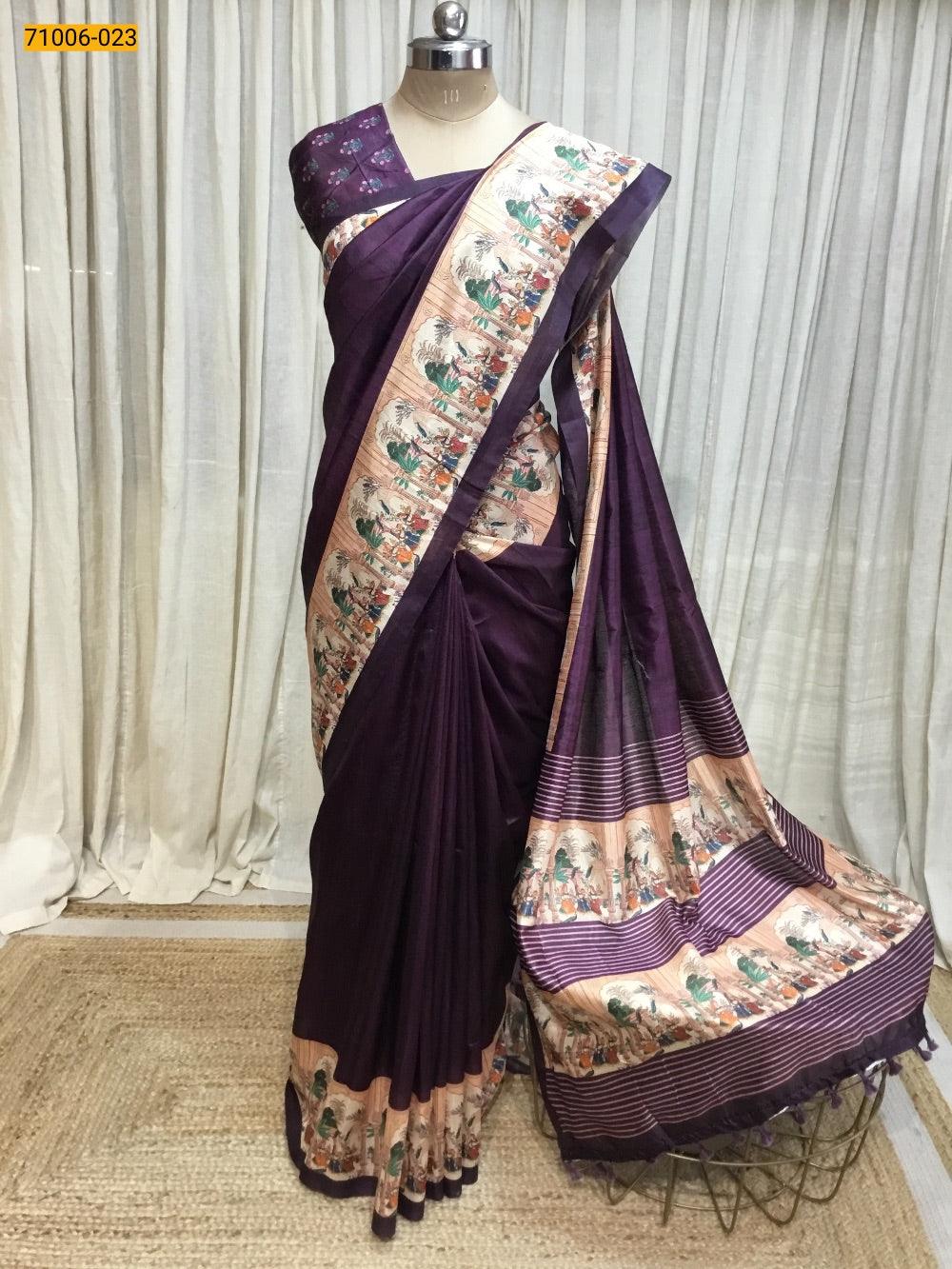 Violet Kalamkari Soft Linen Silk Saree