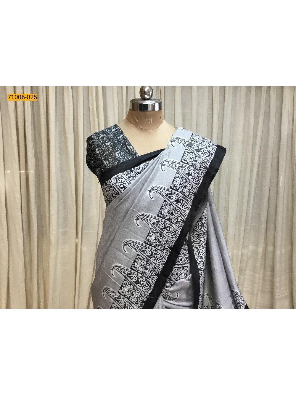 Metallic Gray Kalamkari Soft Linen Silk Saree