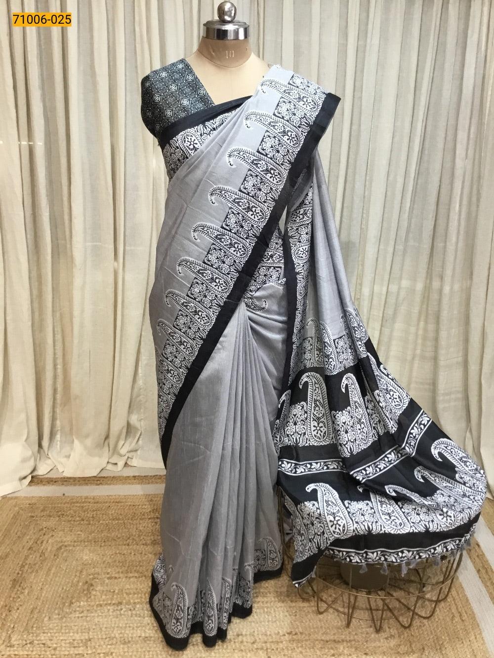 Metallic Gray Kalamkari Soft Linen Silk Saree