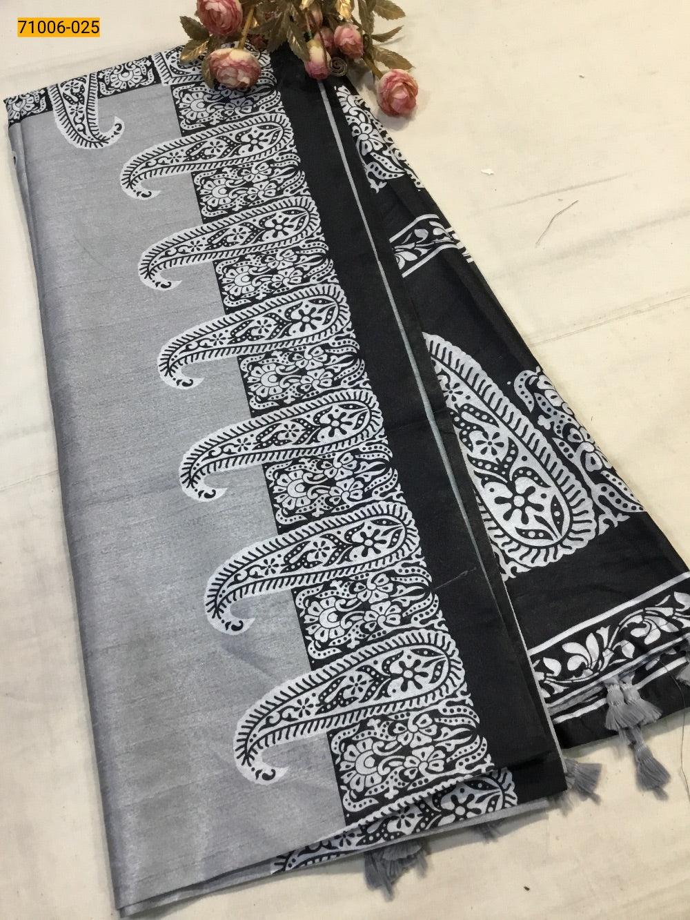 Metallic Gray Kalamkari Soft Linen Silk Saree