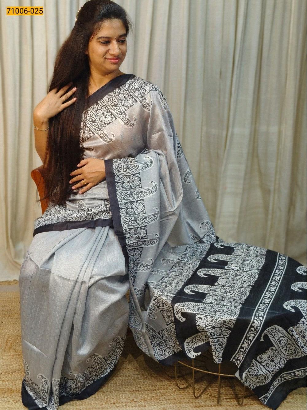 Metallic Gray Kalamkari Soft Linen Silk Saree