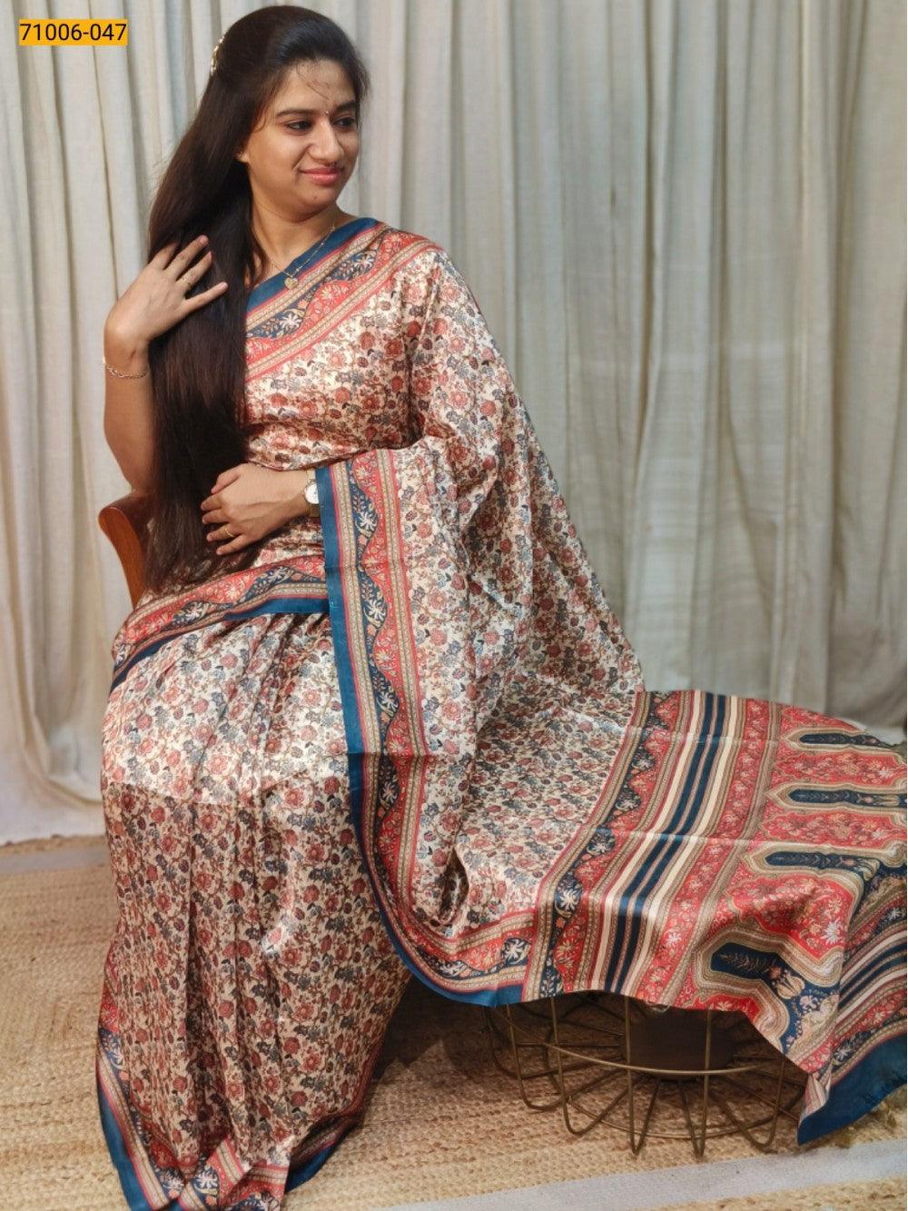 Cream Kalamkari Soft Linen Silk Saree