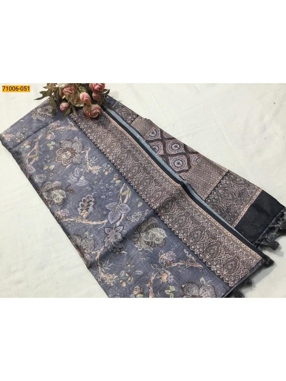 Gray Kalamkari Soft Linen Silk Saree