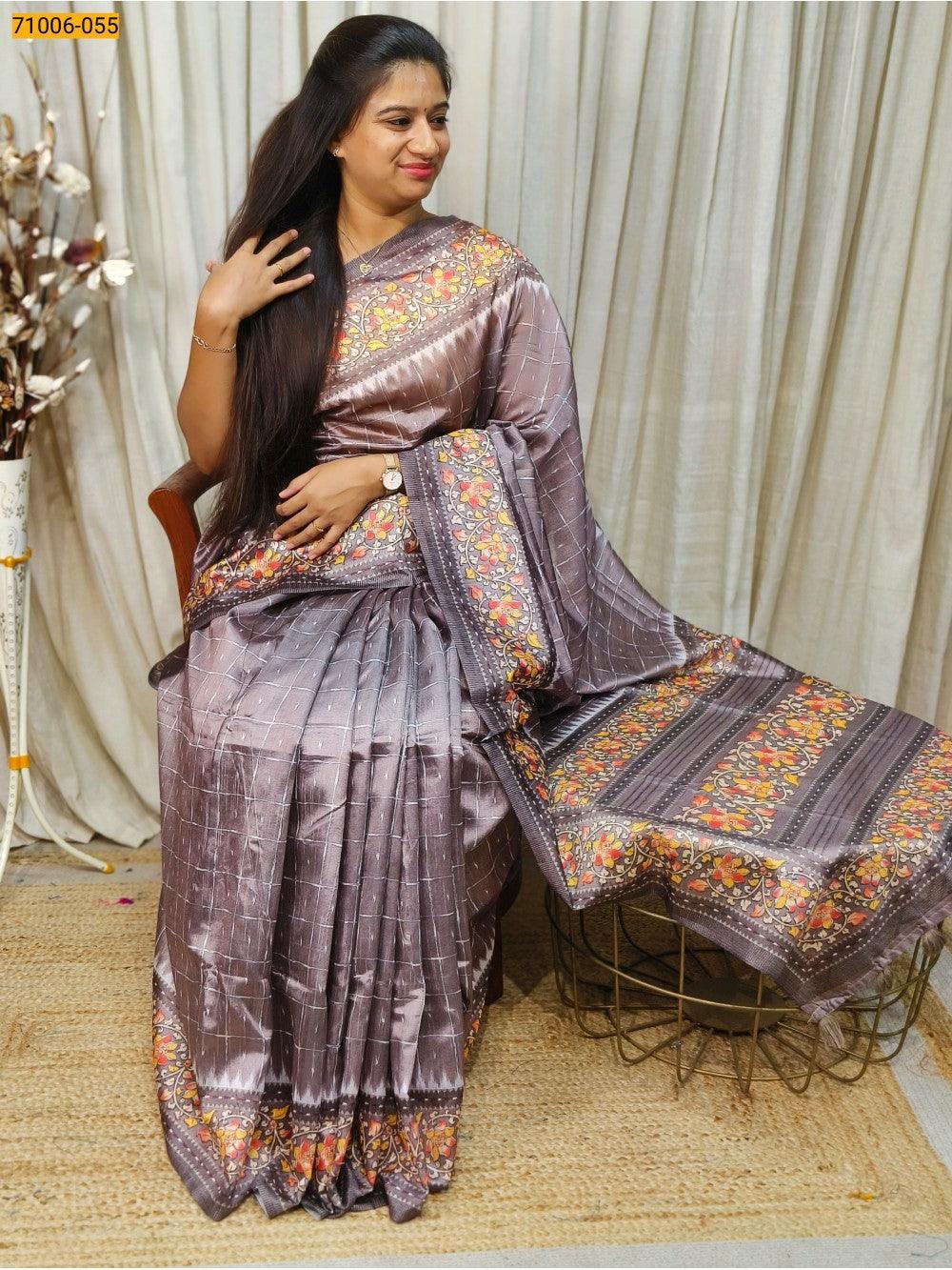 Brown Kalamkari Soft Linen Silk Saree