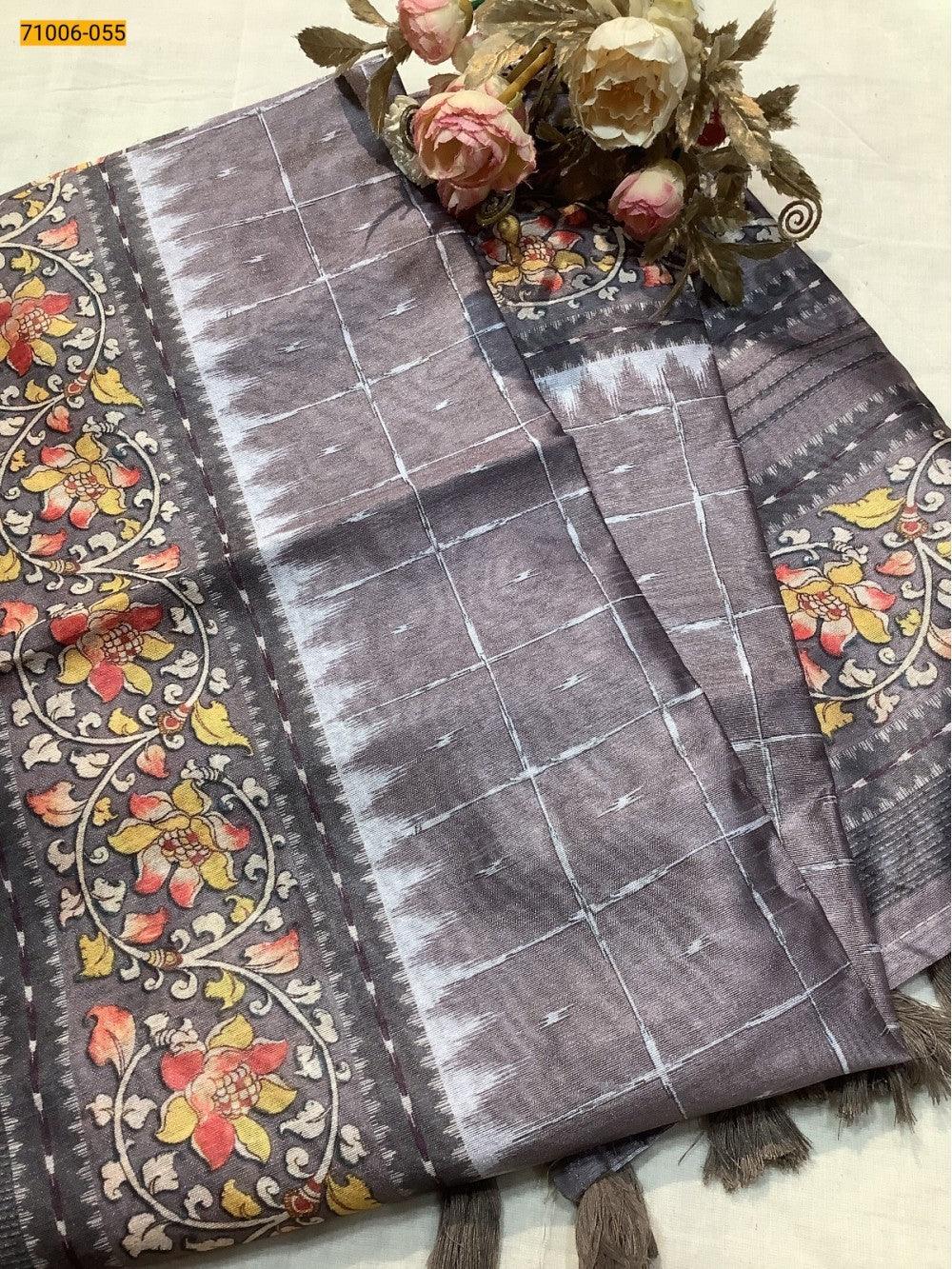 Brown Kalamkari Soft Linen Silk Saree