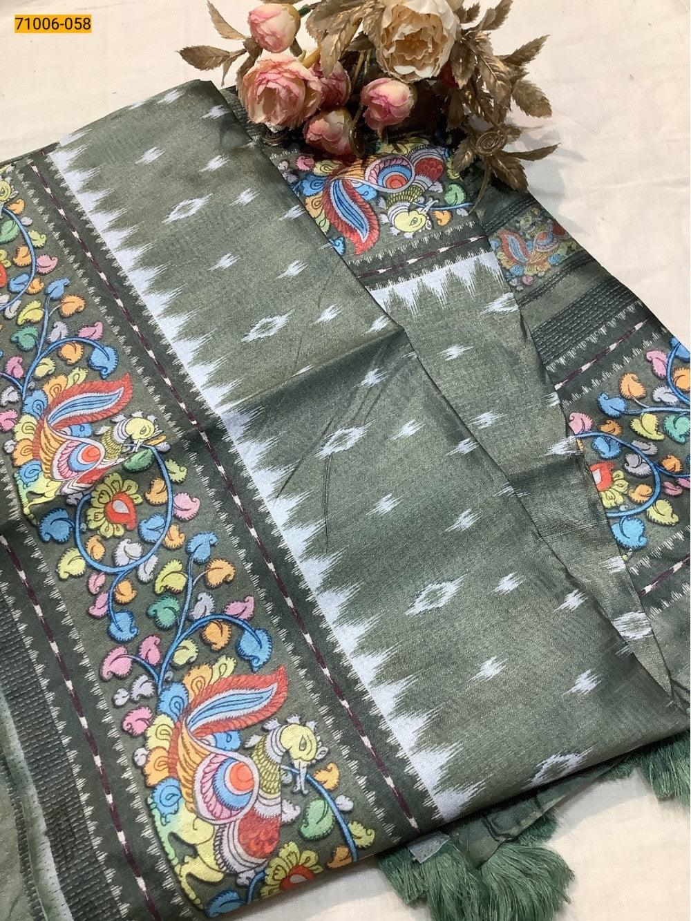 Green Kalamkari Soft Linen Silk Saree