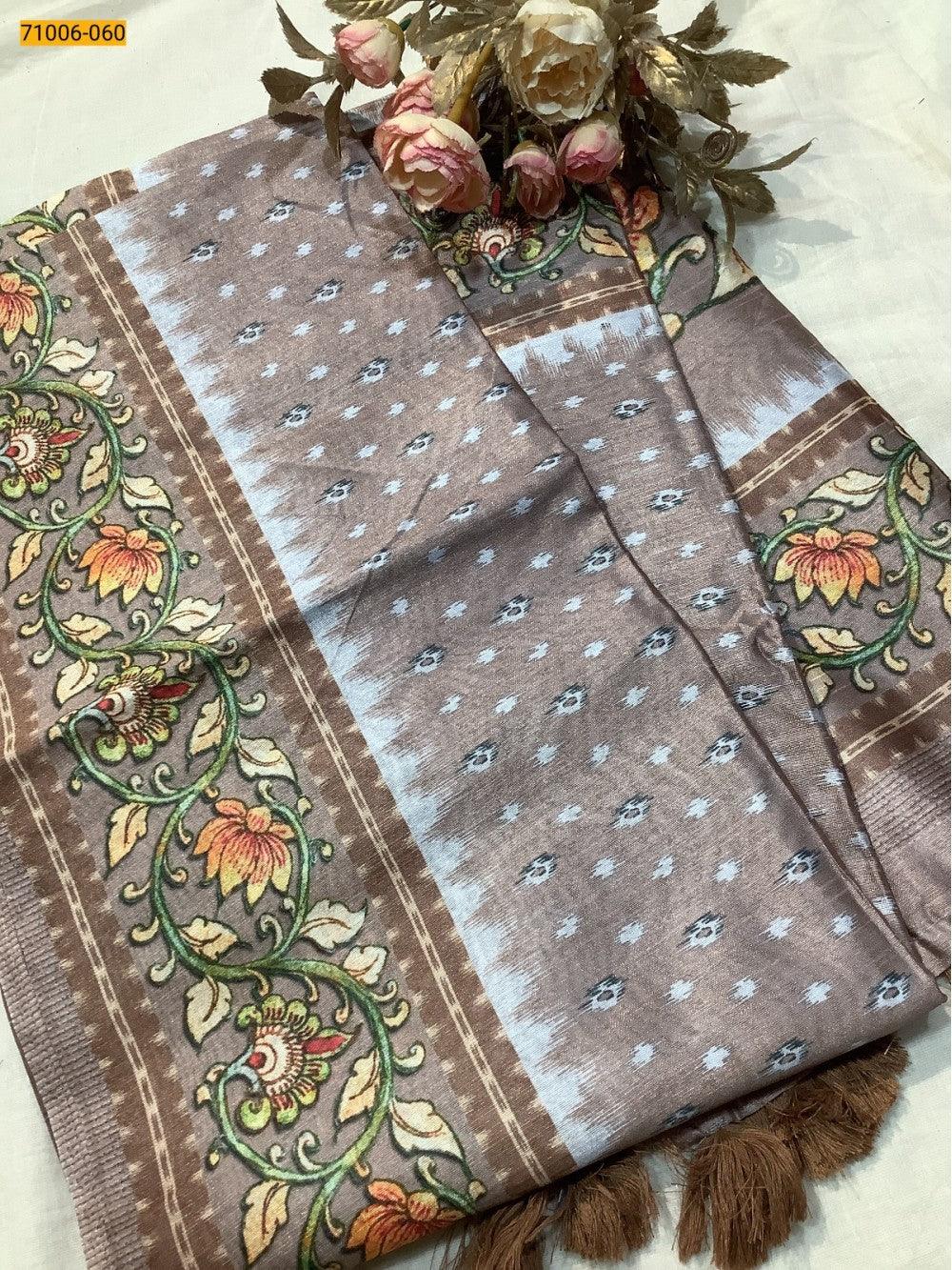 Brown Kalamkari Soft Linen Silk Saree