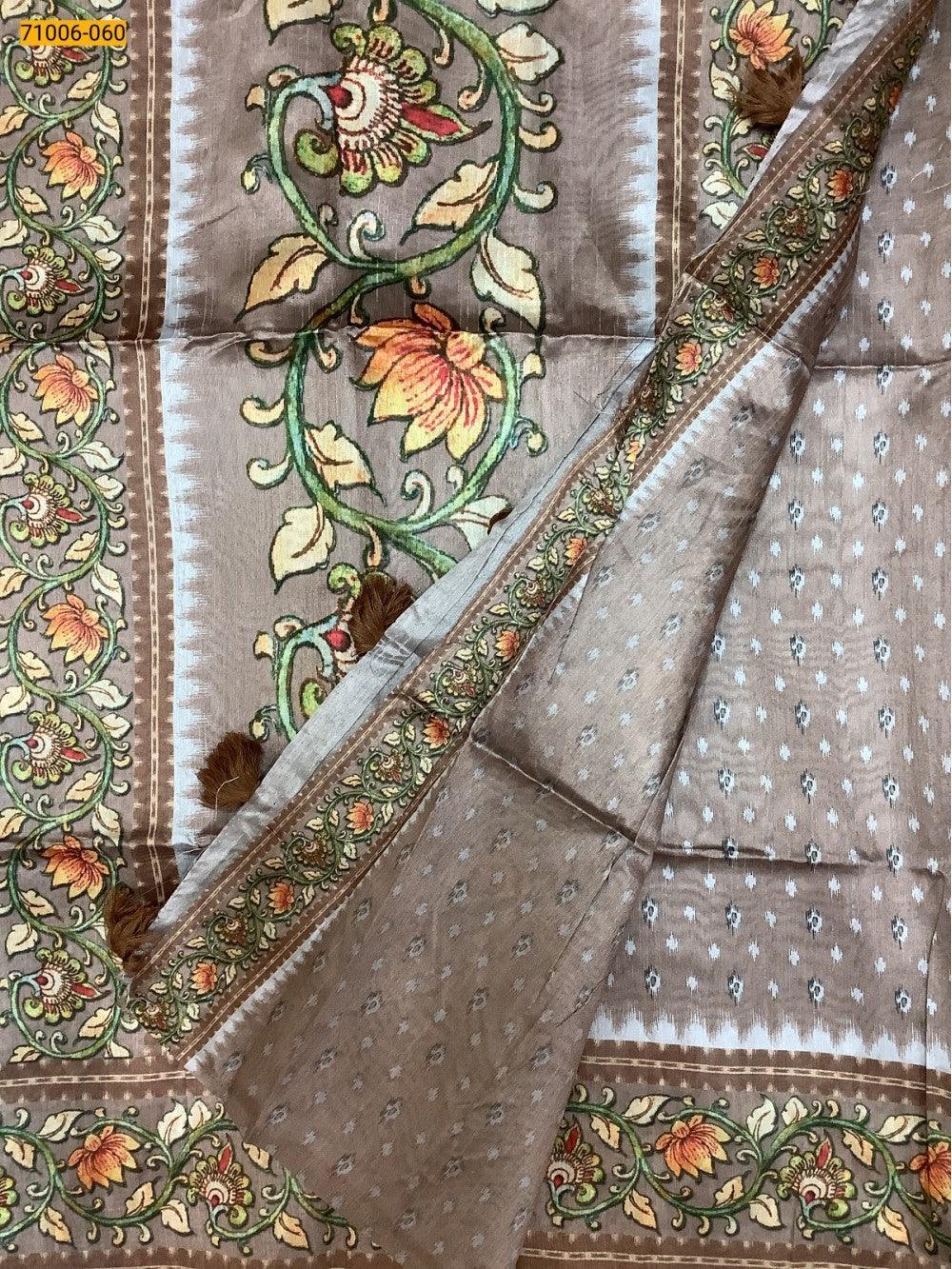 Brown Kalamkari Soft Linen Silk Saree