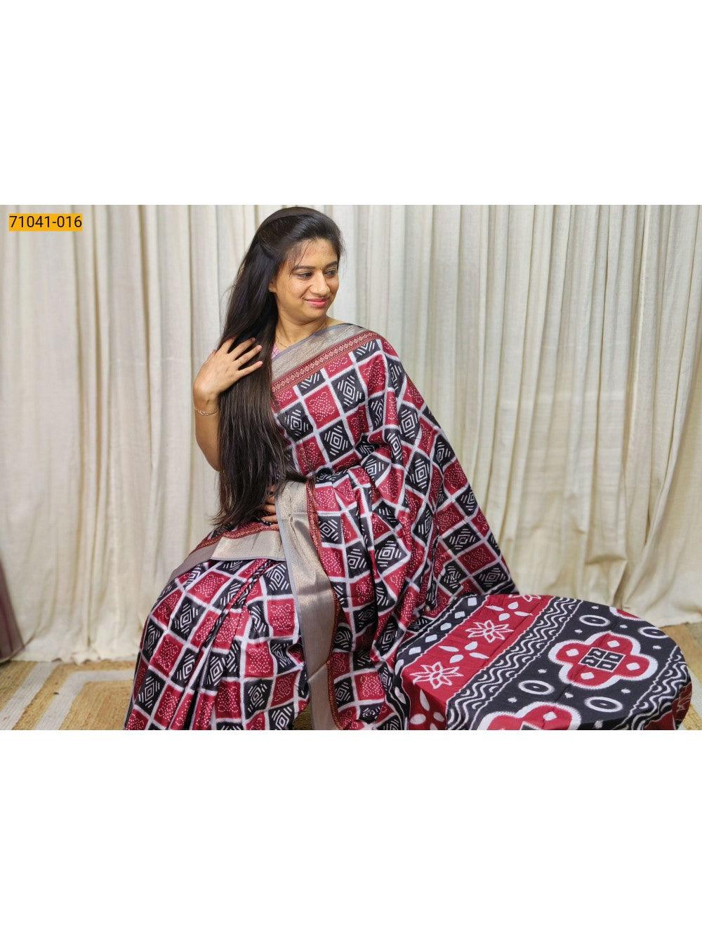 Red With Black Mulmul Linen Silk saree