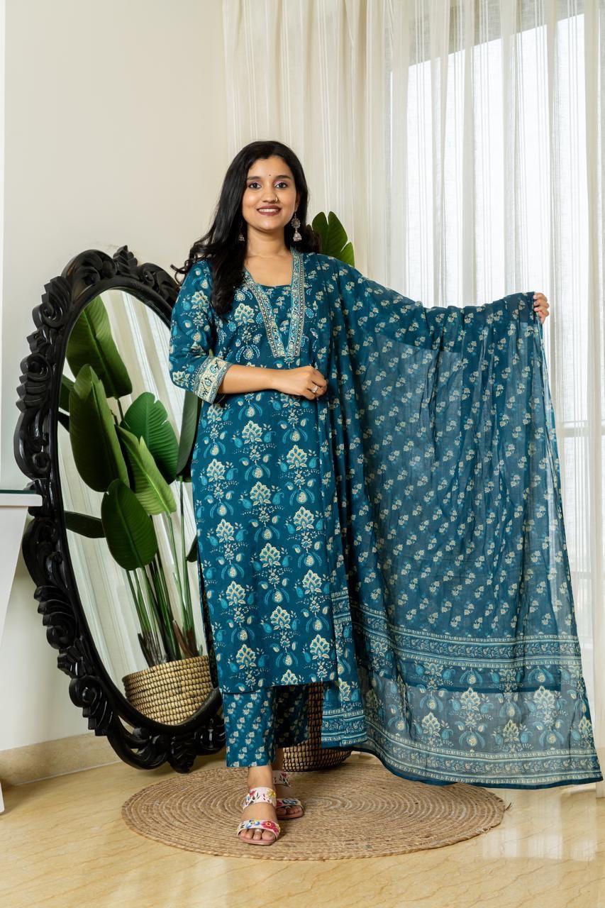 Festive Designer Cotton 3-Piece Set with Printed Dupatta