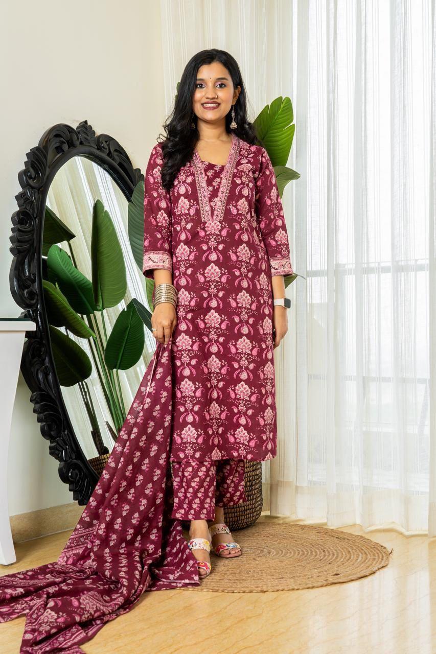 Festive Designer Cotton 3-Piece Set with Printed Dupatta