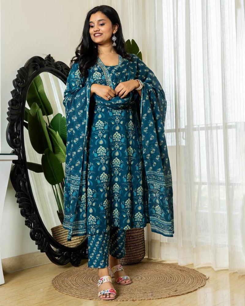 Festive Designer Cotton 3-Piece Set with Printed Dupatta Blue