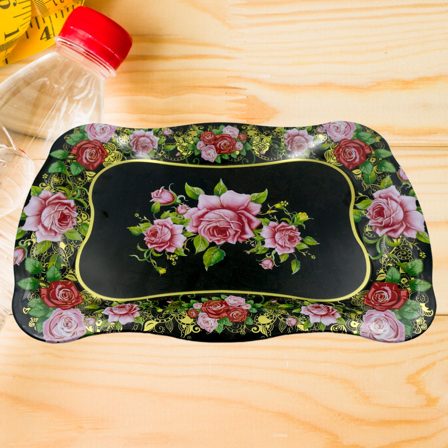 5537 Stainless Steel Serving Tray With Flower Printed Rectangle Premium Dining Table Plate (18 X 8.5 Inch  1 Pc)