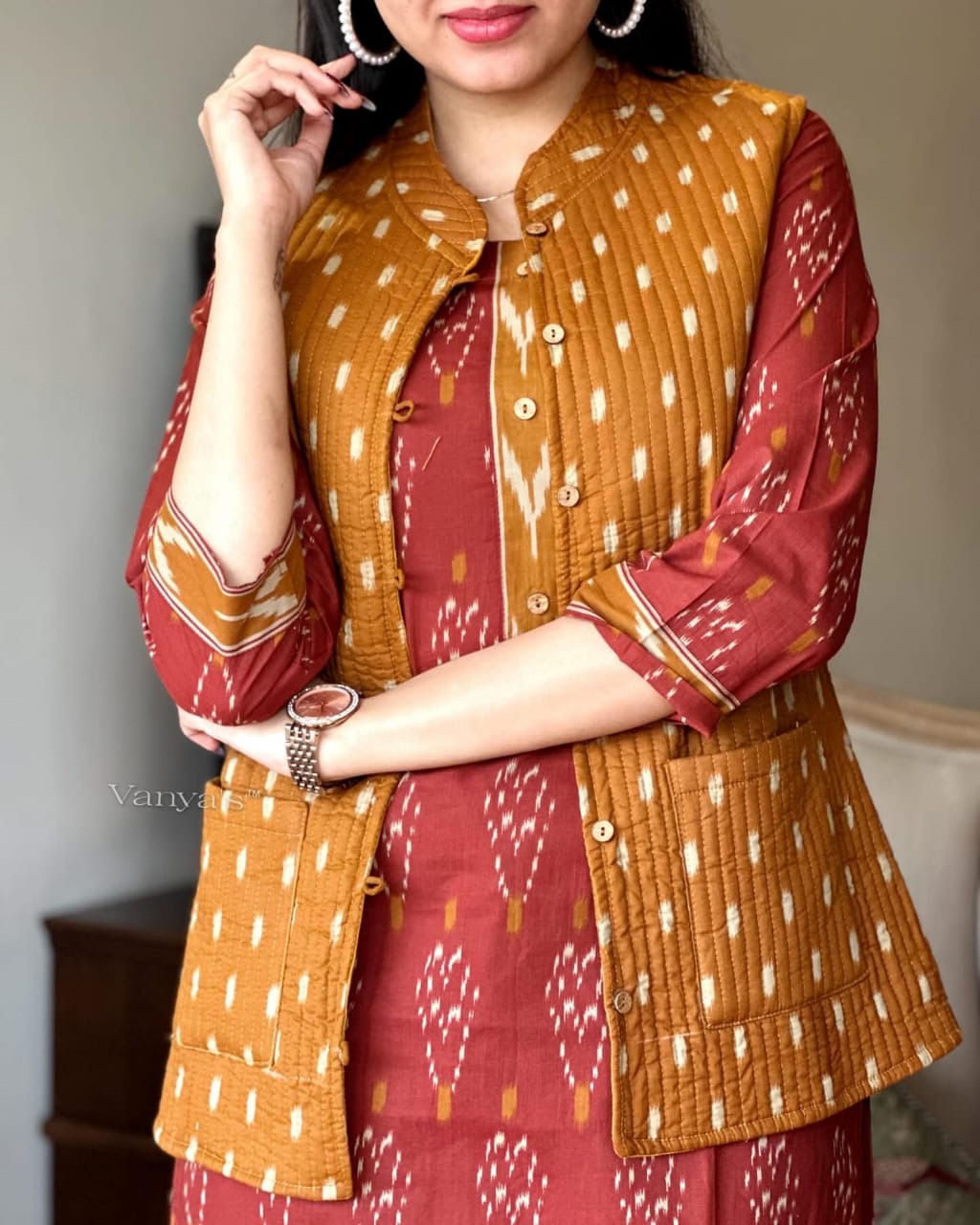 Winter Collection Of Cotton Procin Print Kurti Pant Set With Quilted Cotton Jacket