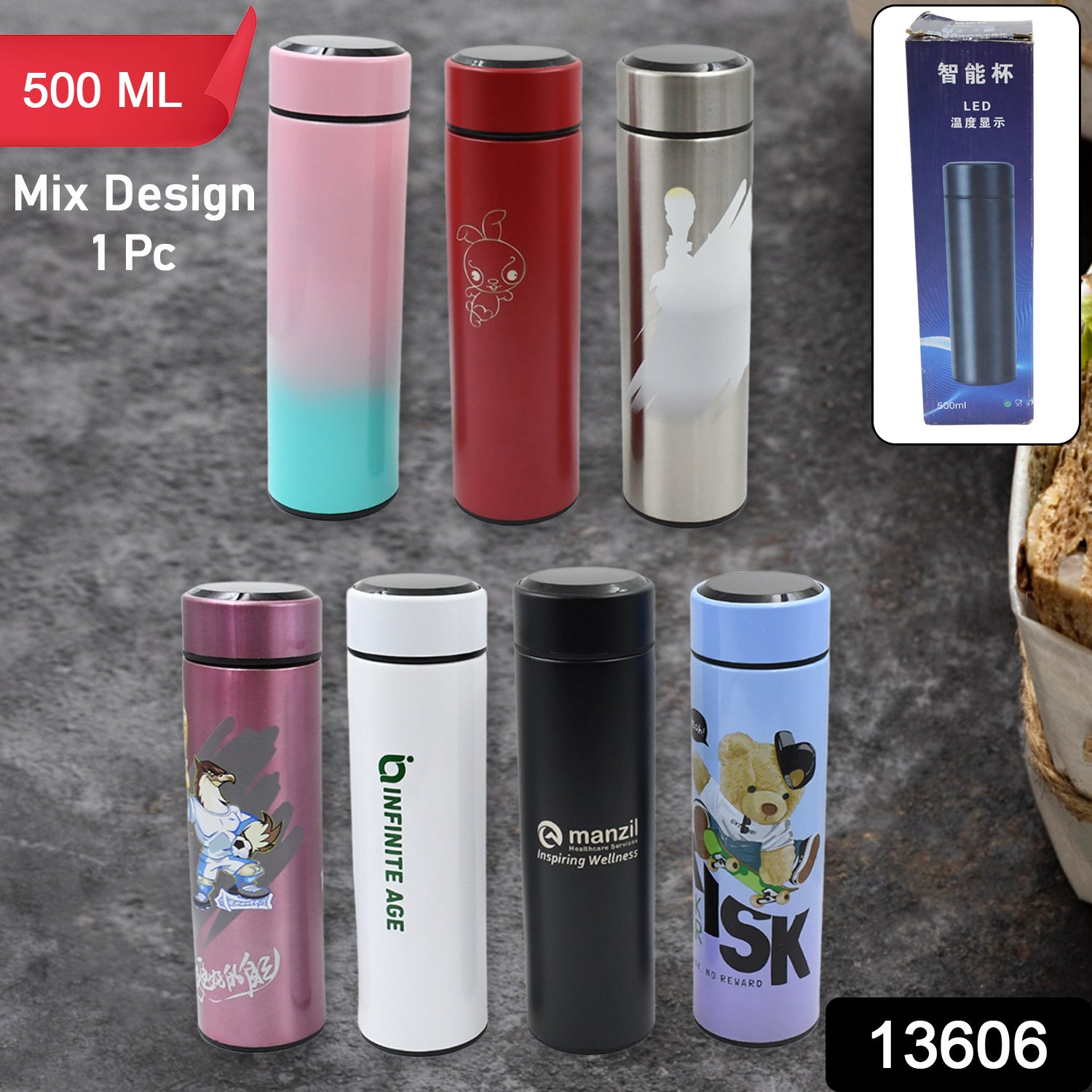 Printed Smart Vacuum Insulated Water Bottle With Led Temperature Display (1 Pc  500 Ml Approx  Multicolor  Mix Design )