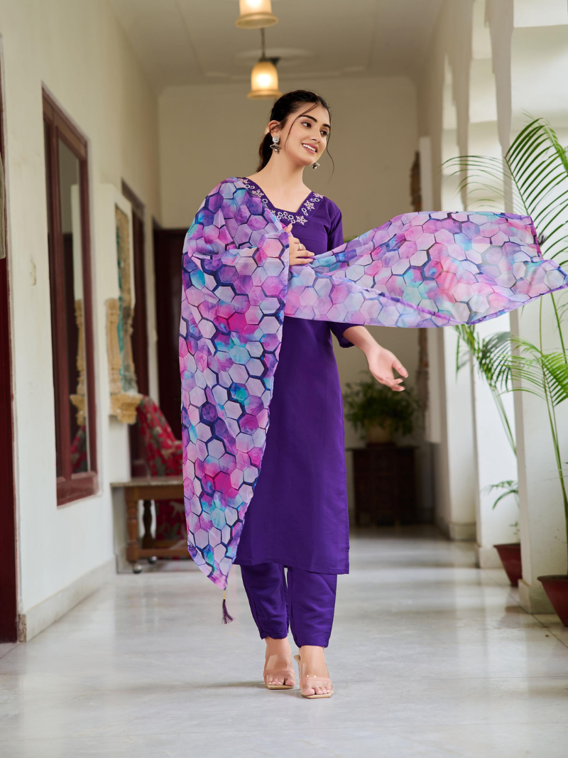 Purple Rayon Kurti Pant Set with Printed Tabi Silk Dupatta