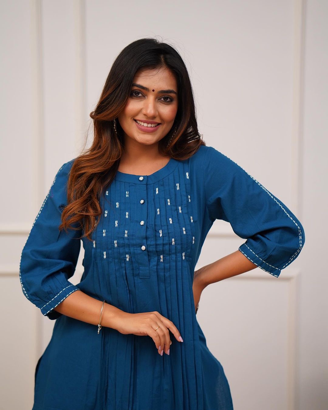 Teal Blue Kurti Pant with Beautiful Buttons