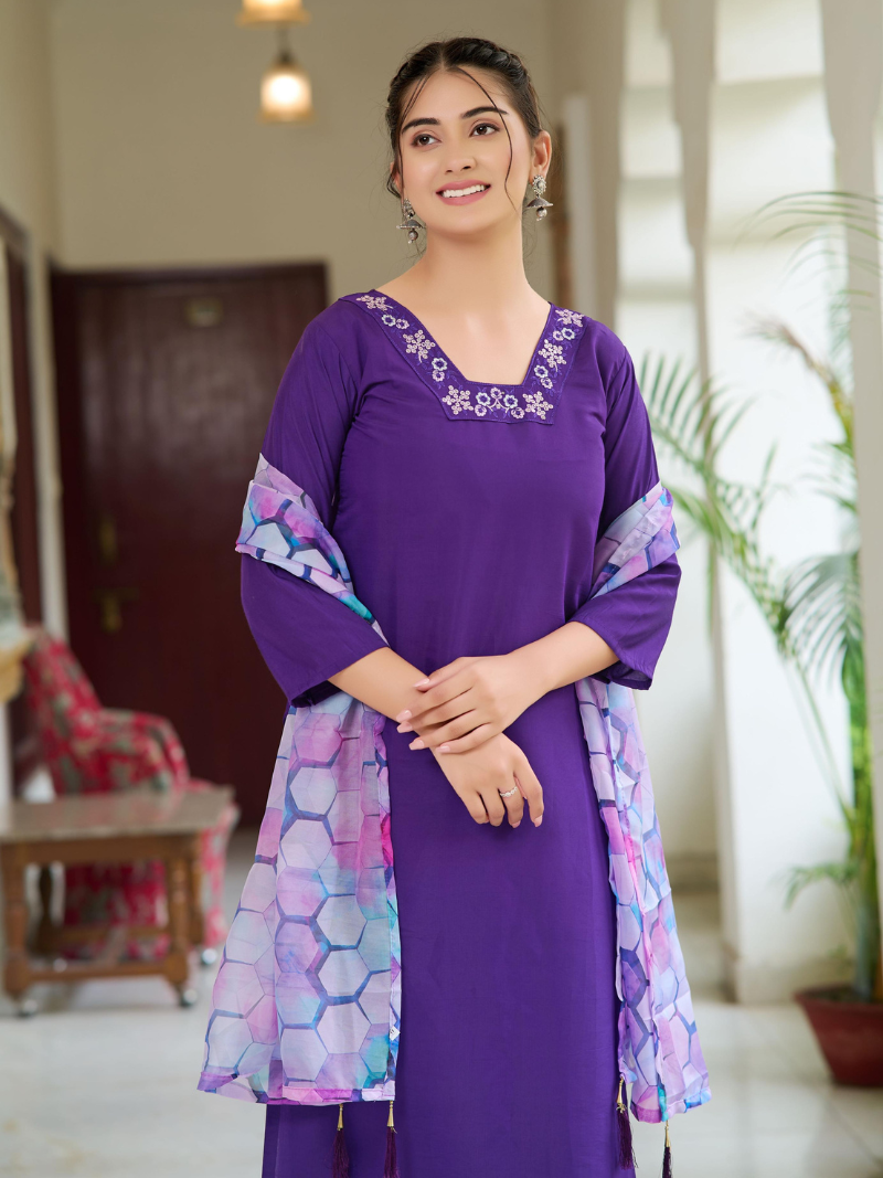 Purple Rayon Kurti Pant Set with Printed Tabi Silk Dupatta