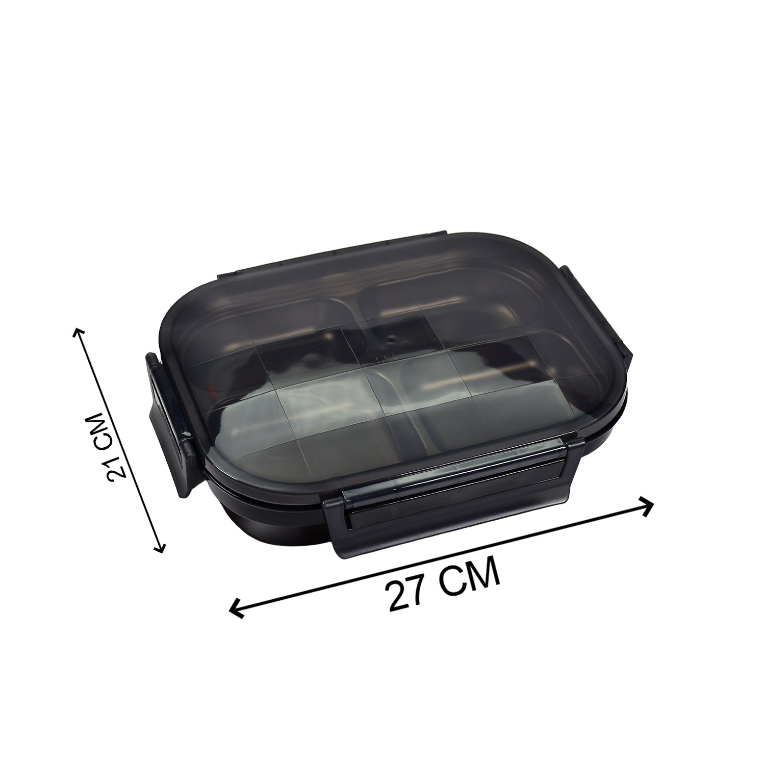 2979 Black Transparent 4 Compartment Lunch Box For Kids And Adults Stainless Steel Lunch Box With 4 Compartments.