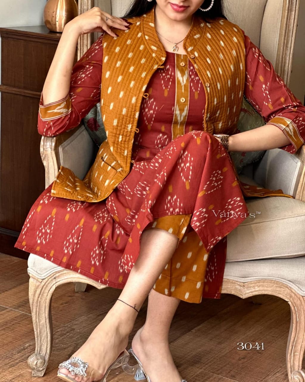 Winter Collection Of Cotton Procin Print Kurti Pant Set With Quilted Cotton Jacket