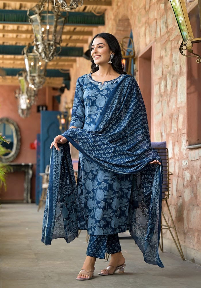 Premium Indigo Cotton Kurtis With Heavy Embroidery Work On Neck with Pant & Full Cotton Dupatta