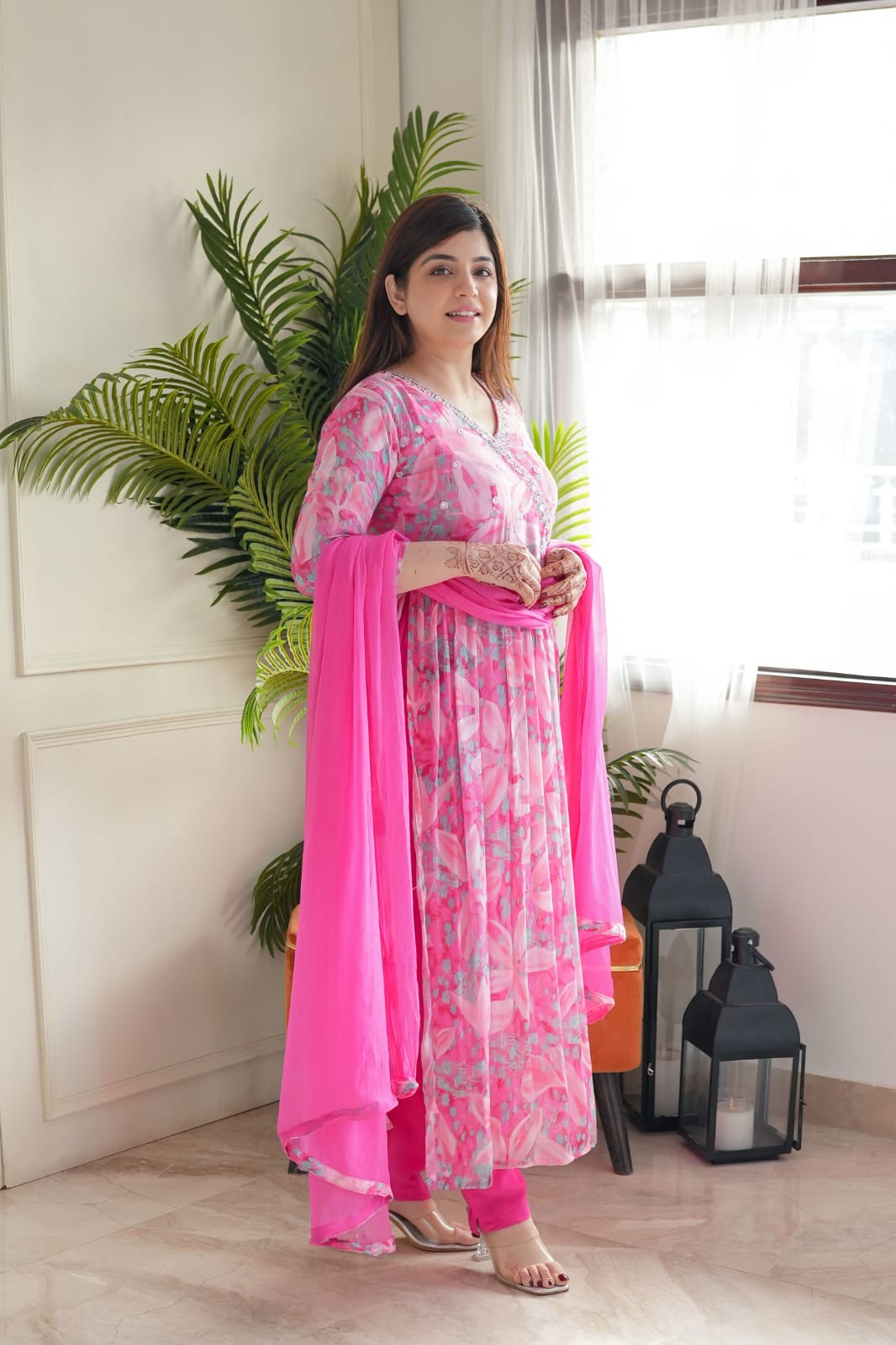 Pink Floral Angrakha Alia Cut Suit Set With Lining Is An Inner Layer Of Fabric