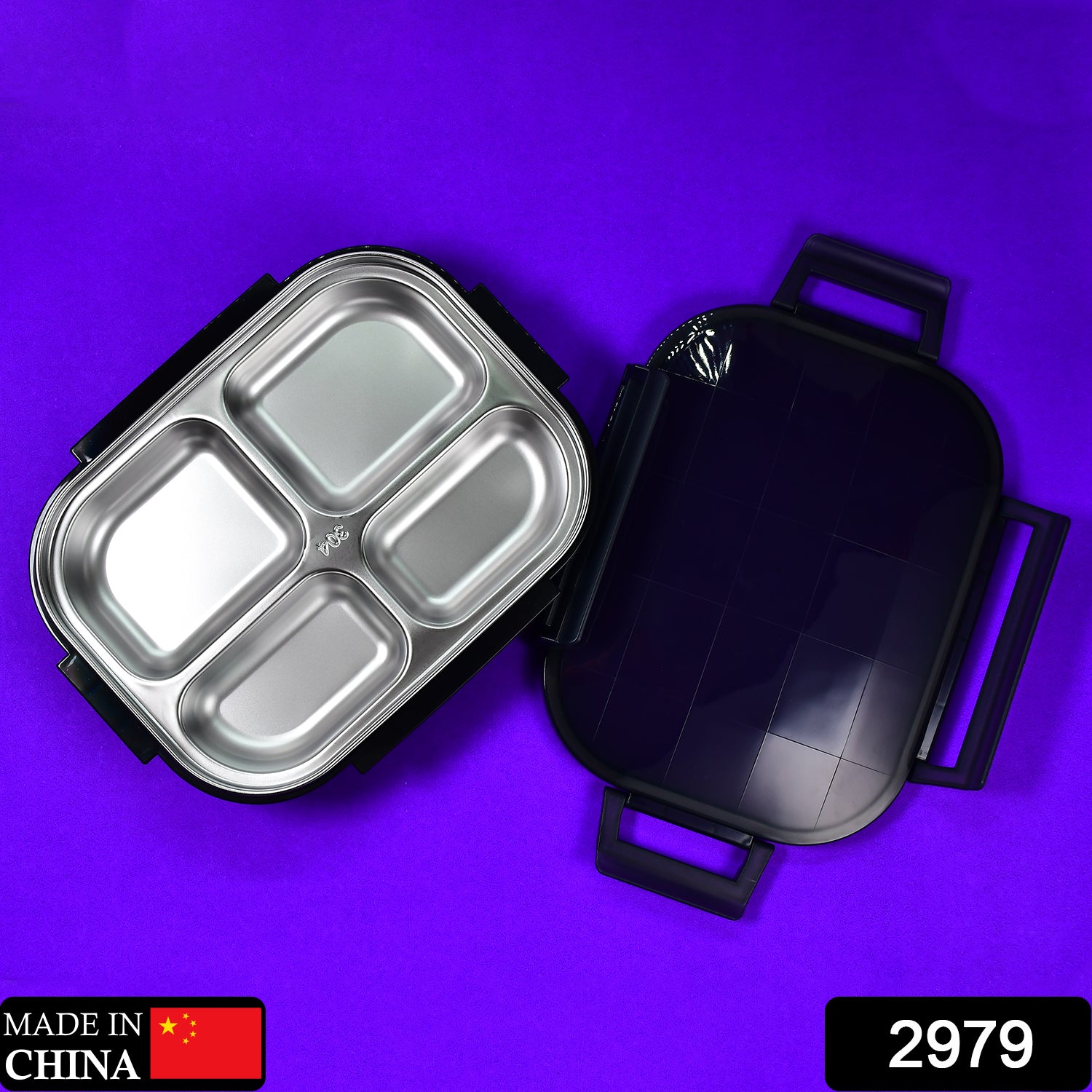 2979 Black Transparent 4 Compartment Lunch Box For Kids And Adults Stainless Steel Lunch Box With 4 Compartments.