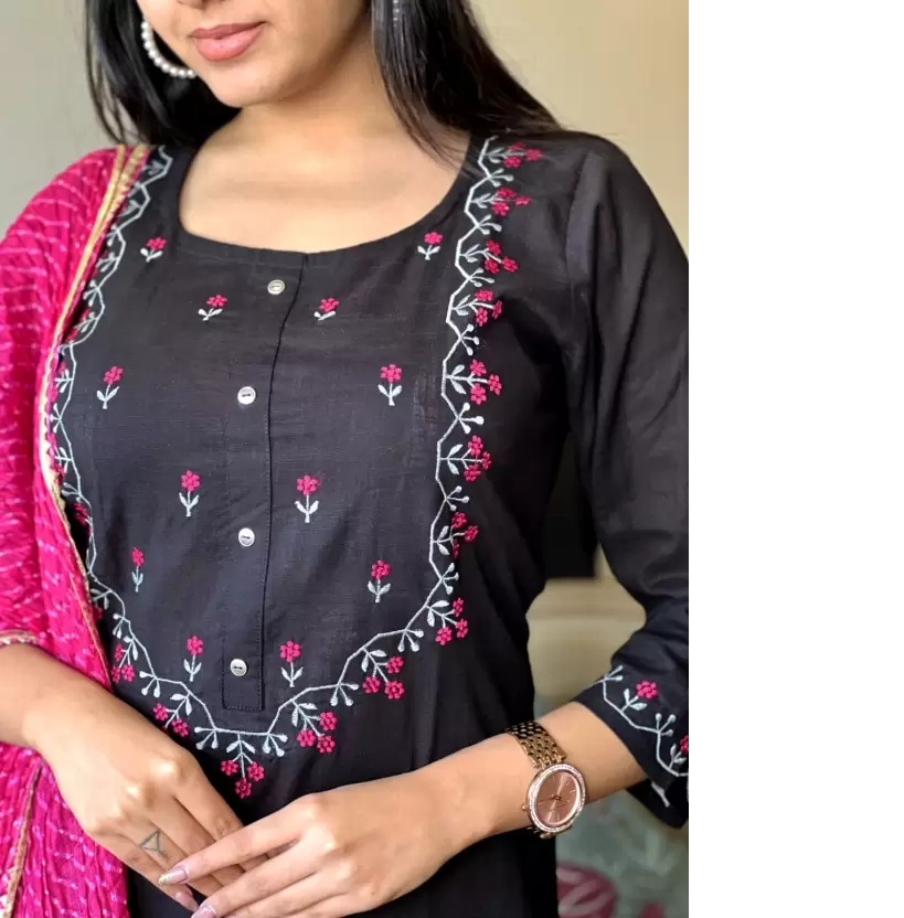 Trending Khadi Cotton Black Kurta Pant and Dupatta Set