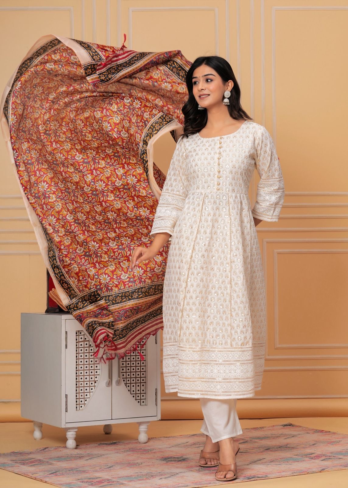 Pure Chikankari Anarkali kurti with pant and silk chanderi digital Print dupatta set