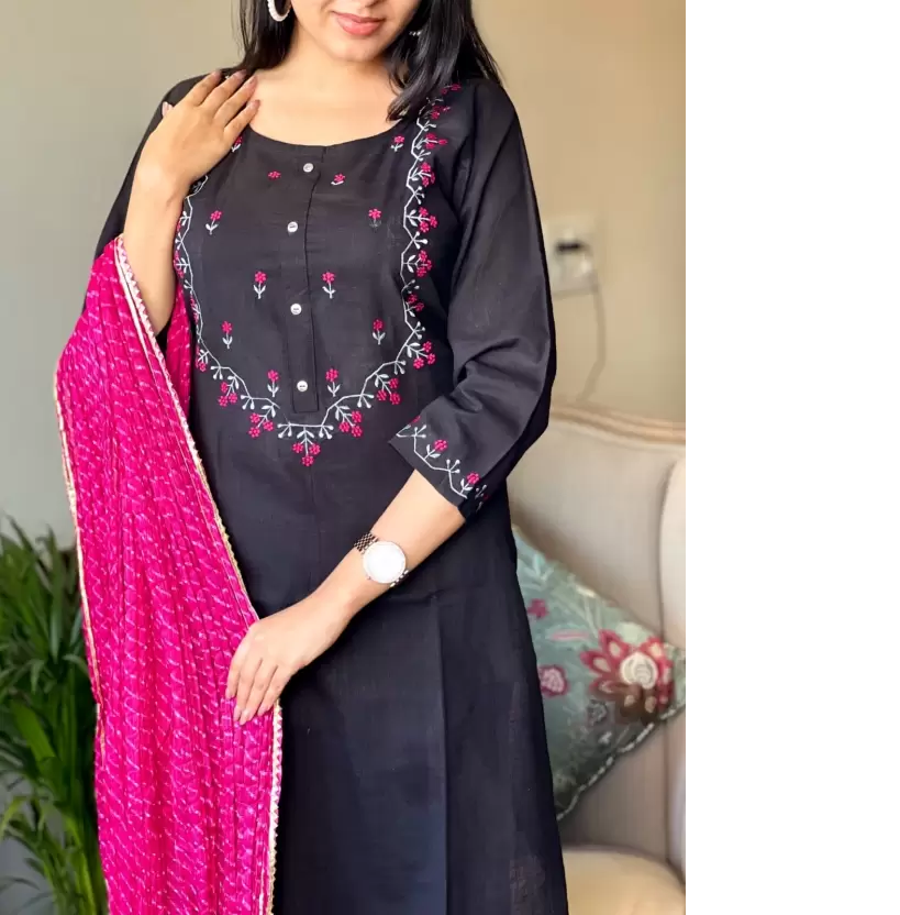 Trending Khadi Cotton Black Kurta Pant and Dupatta Set