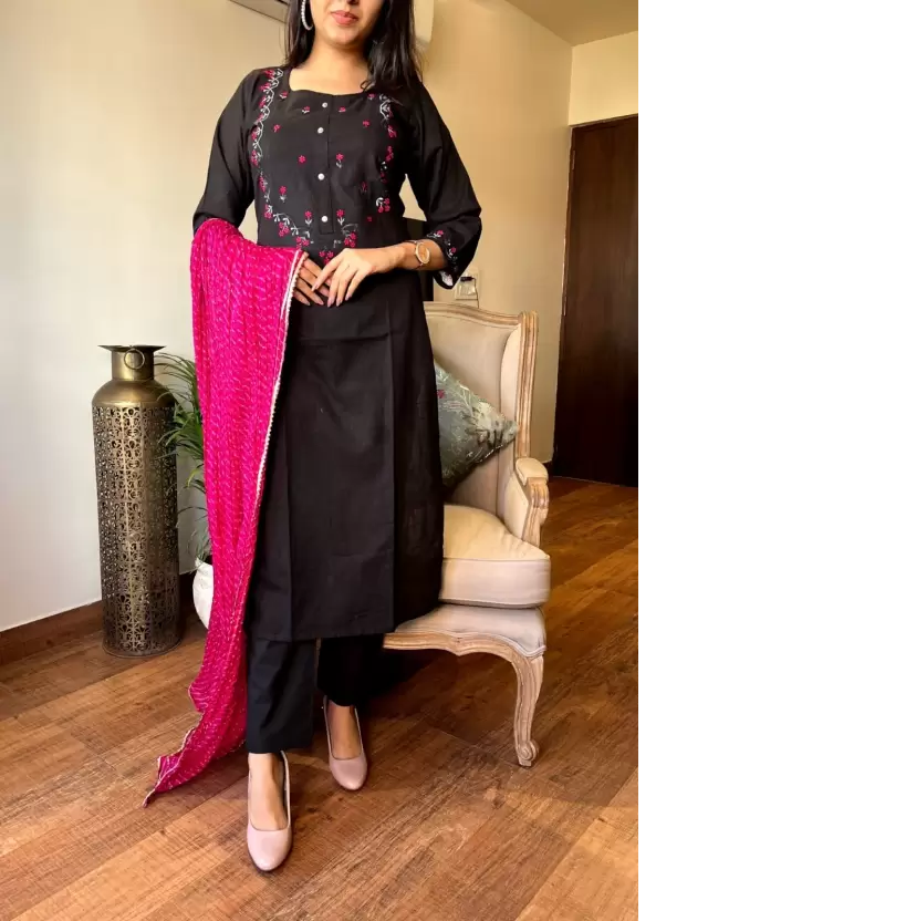 Trending Khadi Cotton Black Kurta Pant and Dupatta Set