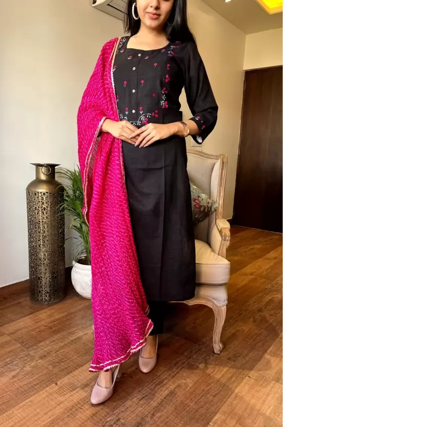 Trending Khadi Cotton Black Kurta Pant and Dupatta Set