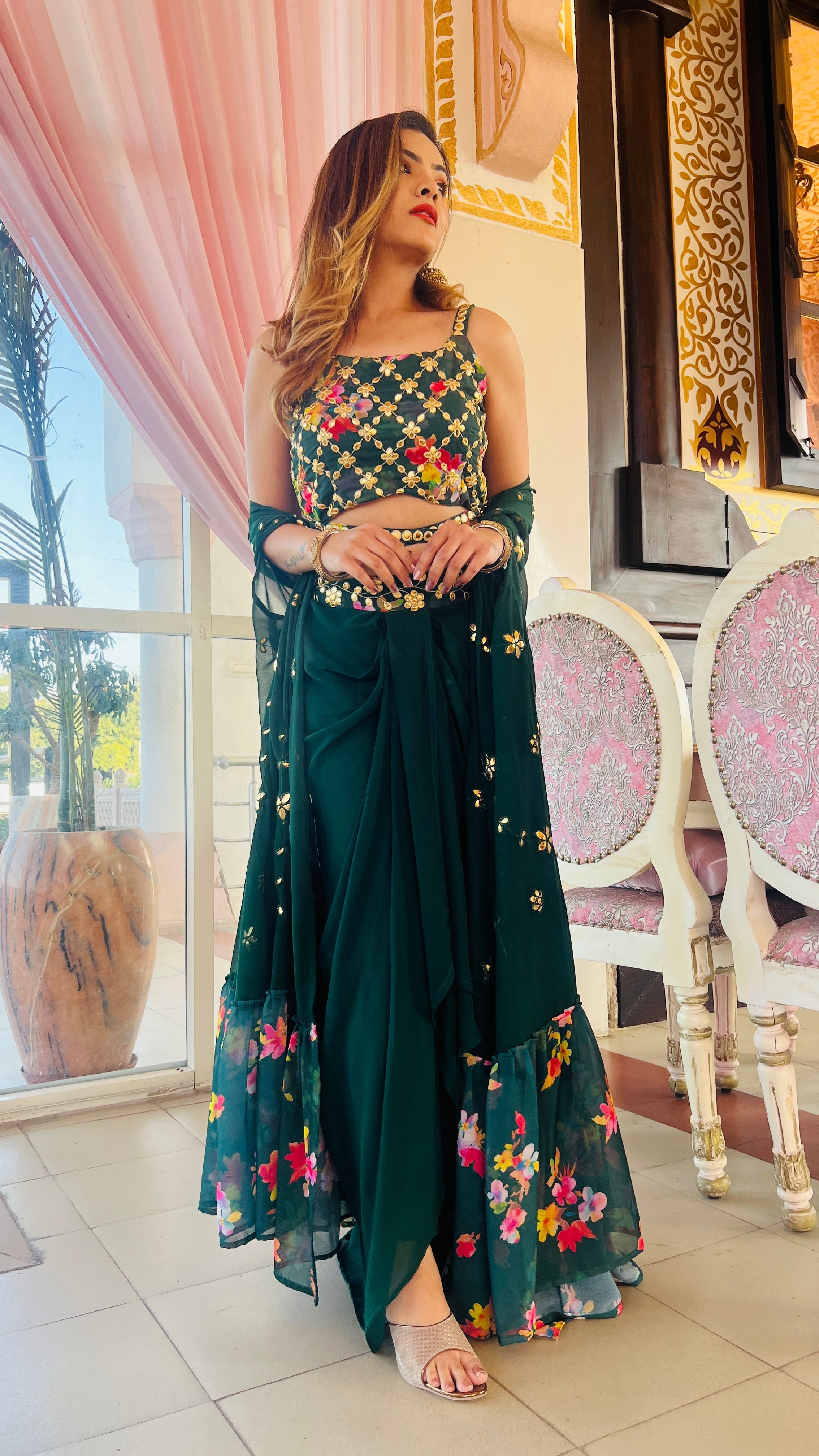 Bottle Green Sarong Dress for Mehendi & Wedding Sangeet