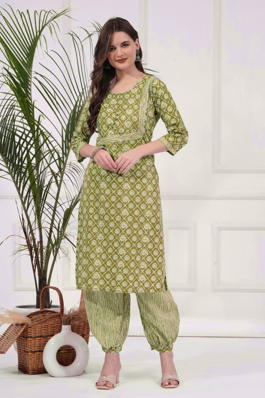 Cotton Straight Kurti & Cotton Afgani Pant & Cotton Dupatta